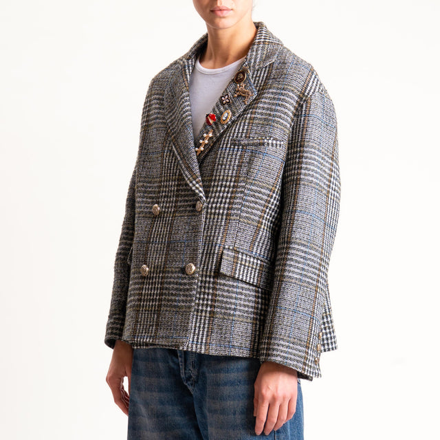 Tensione in-Giacca principe di galles misto alpaca - latte/cuoio/militare