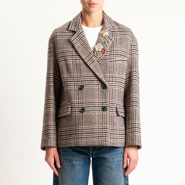Tensione in-Giacca quadri doppiopetto con spille - beige/nero/cuoio