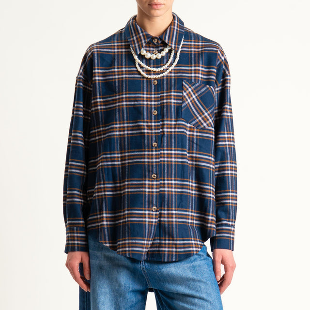 Tensione in-Camicia check flanella con collana - blu/cuoio/latte