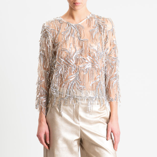 Tensione in-Blusa in tulle con paillettes - beige/argento