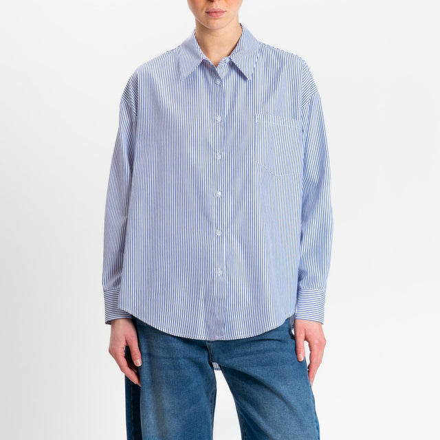 Tensione in-Camicia over con taschino in cotone - righe fine blu/bianco
