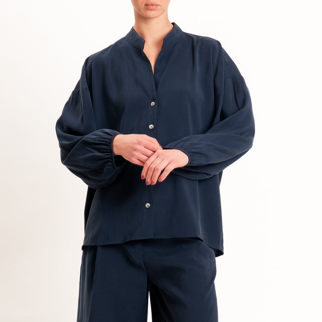 Tensione in-Camicia tessuto cupro collo coreana - blu