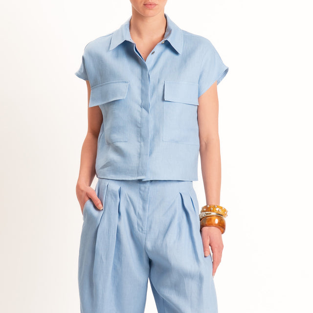 Tensione in-Camicia smanicata 100% lino - celeste