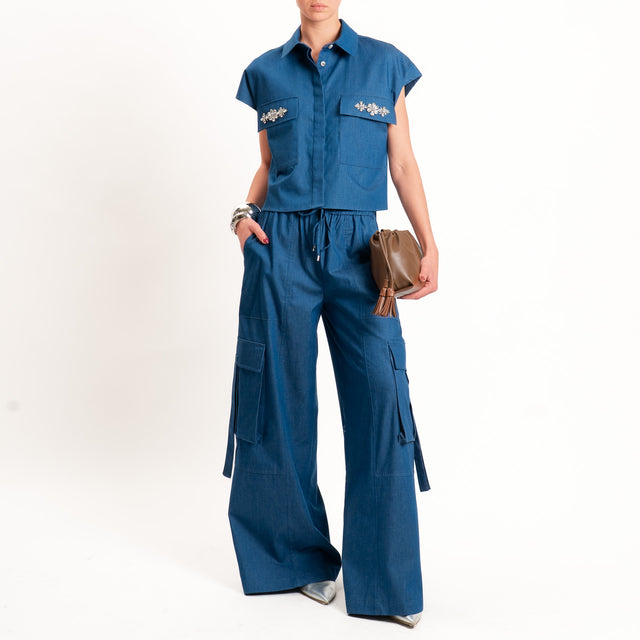 Tensione in-Camicia smanicata chambray dettaglio strass - denim