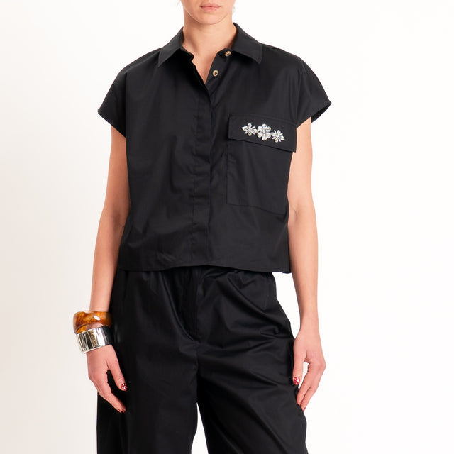 Tensione in-Camicia smanicata popeline con dettaglio strass - nero