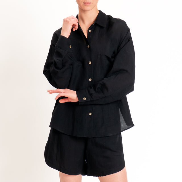 Tensione in-Completo camicia+shorts misto lino - nero