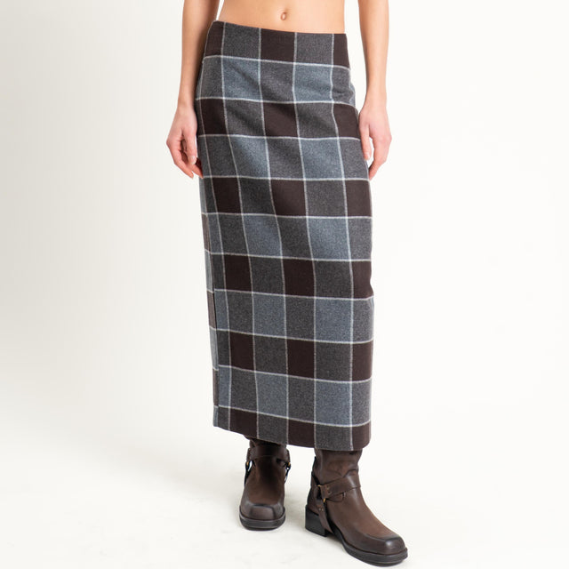 Tensione in-Gonna quadri misto lana spacco dietro - moro/grigio