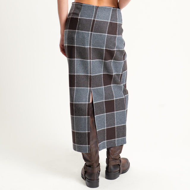 Tensione in-Gonna quadri misto lana spacco dietro - moro/grigio