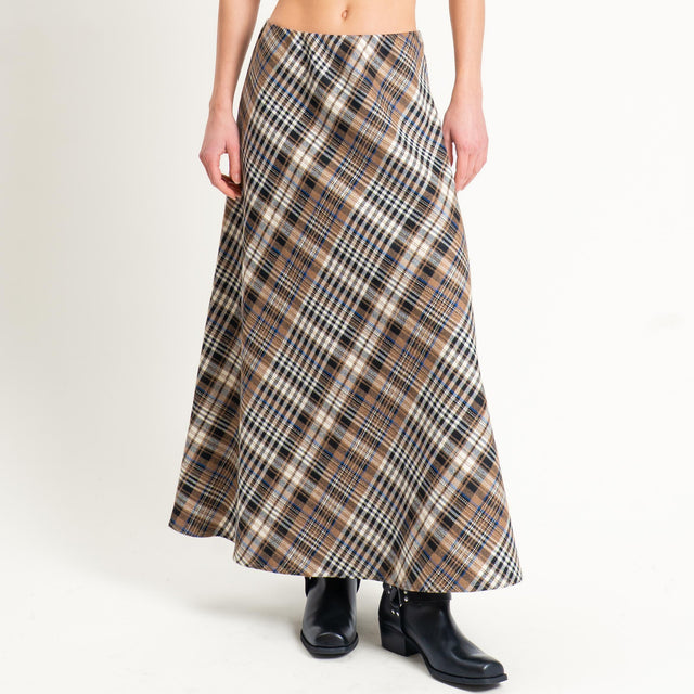 Tensione in-Gonna check misto lana elastico in vita - beige/cuoio/nero