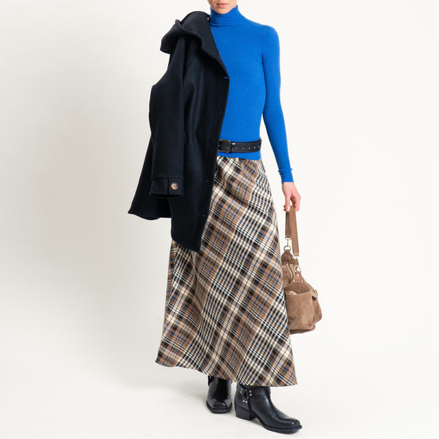 Tensione in-Gonna check misto lana elastico in vita - beige/cuoio/nero