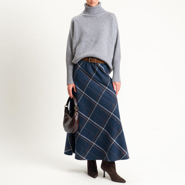 Tensione in-Gonna check misto lana elastico in vita - blu/cuoio/latte
