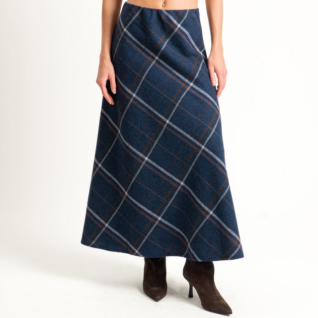 Tensione in-Gonna check misto lana elastico in vita - blu/cuoio/latte