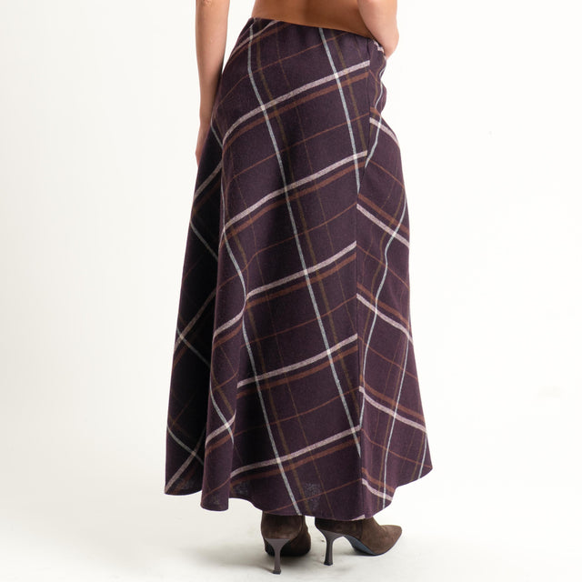 Tensione in-Gonna check misto lana elastico in vita - bordeaux/cuoio/latte