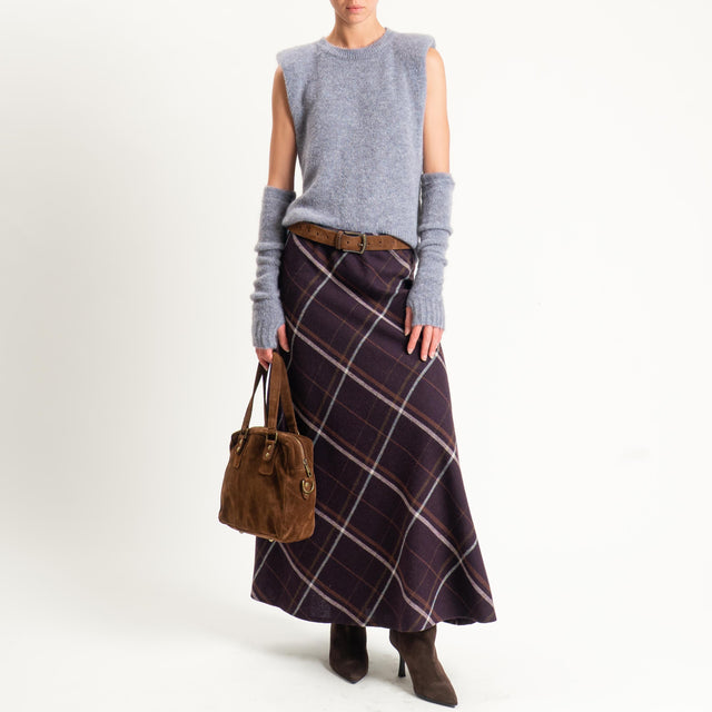 Tensione in-Gonna check misto lana elastico in vita - bordeaux/cuoio/latte