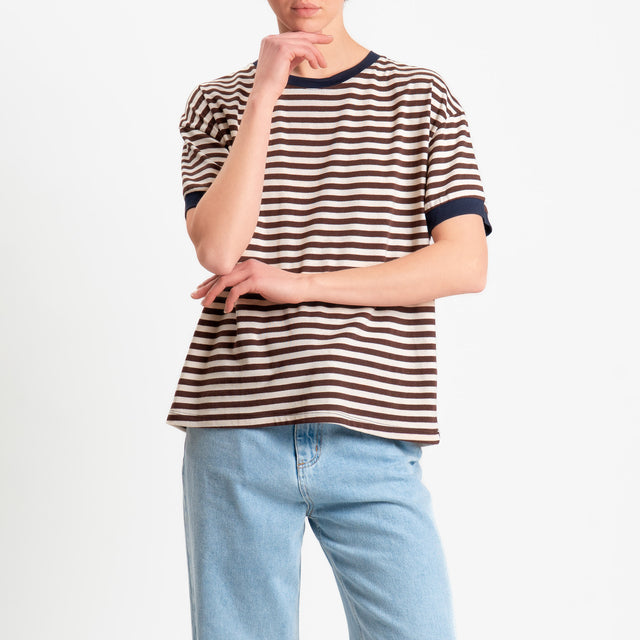 Tensione in-T-shirt griocollo a righe - blu/panna/moro