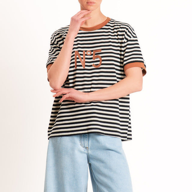 Tensione in-T-shirt righe n5 - cuoio/panna/nero