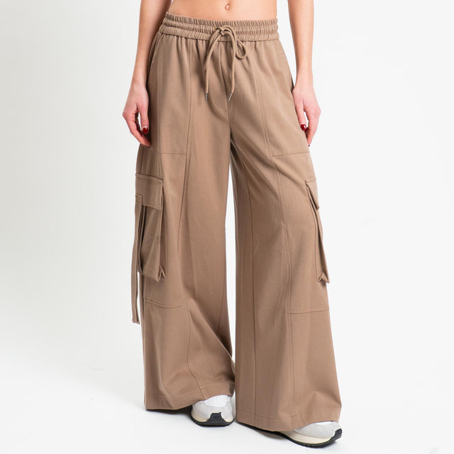 Tensione in-Pantalone flanella cargo con coulisse - camel