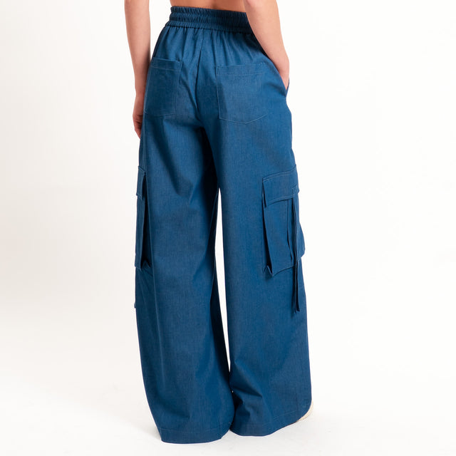 Tensione in-Pantalone cargo chambray elastico in vita - denim