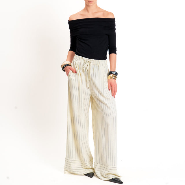 Tensione in-Pantalone gessato misto lino elastico - burro