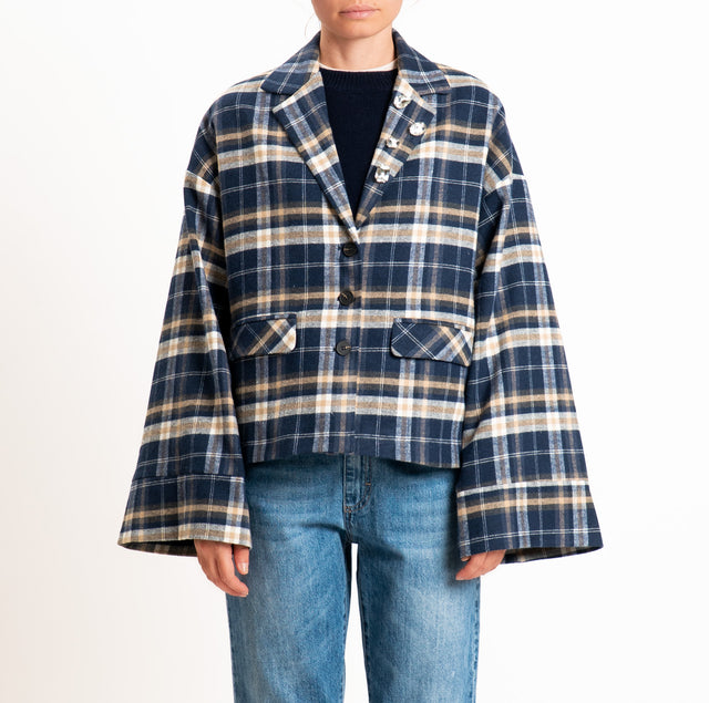 Tensione in-Giacca check in flanella con spille cabochon - blu/latte/beige