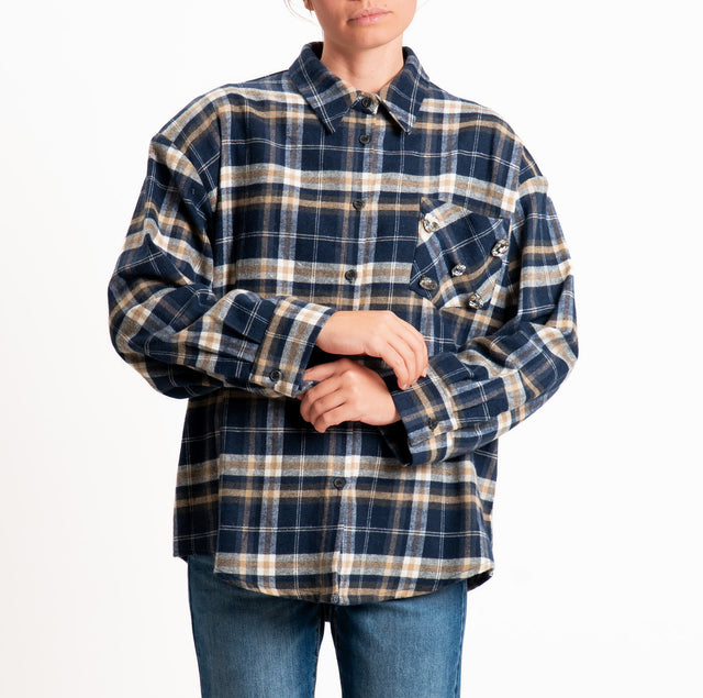 Tensione in-Camicia check in flanella taschino con applicazioni cabochon - blu/latte/beige