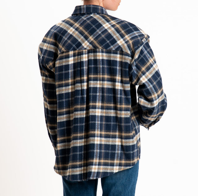 Tensione in-Camicia check in flanella taschino con applicazioni cabochon - blu/latte/beige