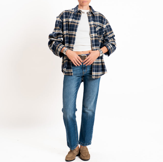 Tensione in-Camicia check in flanella taschino con applicazioni cabochon - blu/latte/beige