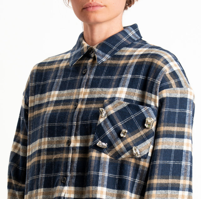 Tensione in-Camicia check in flanella taschino con applicazioni cabochon - blu/latte/beige
