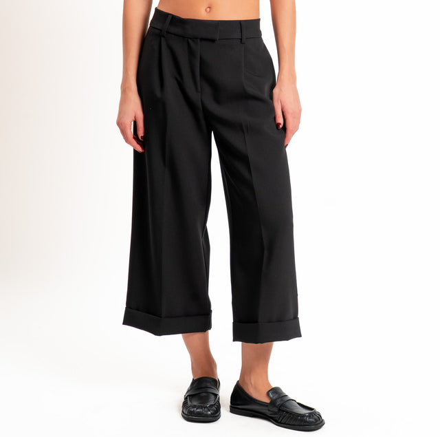 Tensione in-Pantalone doppio crêpe con risvolto - nero