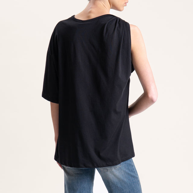 Tensione in-T-shirt monospalla con accessorio - nero