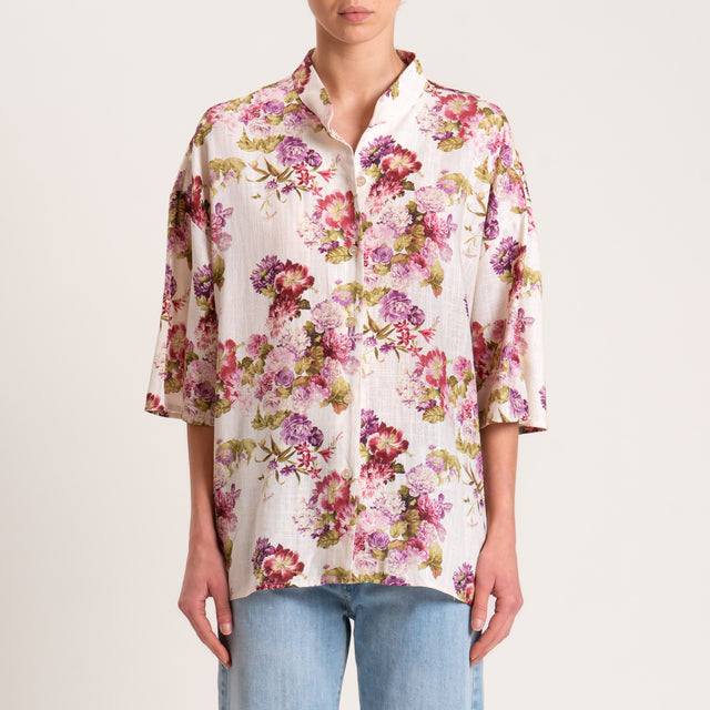 Camisa de lino en mezcla de algodón con estampado floral - color mantequilla/cereza/salvia