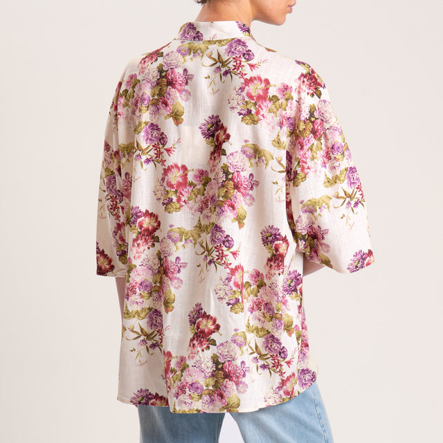 Camisa de lino en mezcla de algodón con estampado floral - color mantequilla/cereza/salvia