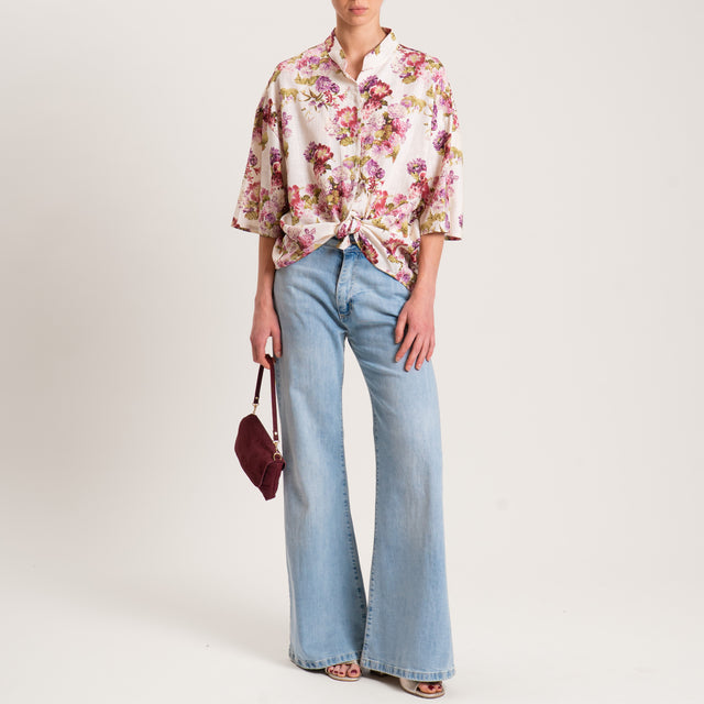 Camisa de lino en mezcla de algodón con estampado floral - color mantequilla/cereza/salvia