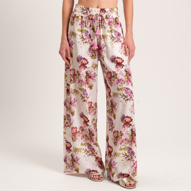 Pantalón Palazzo de lino con tensión en mezcla de lino - mantequilla/cereza/salvia