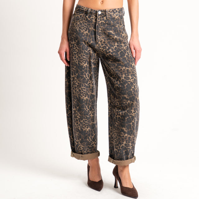 Tensione in-Jeans barrel animalier stone washed- beige/nero