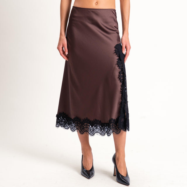 Tensione in-Gonna satin elastico in vita con pizzo - ebano