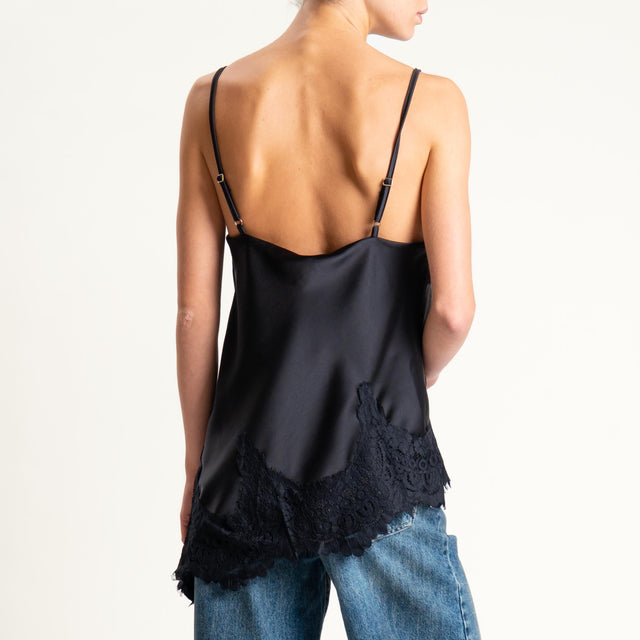 Tensione in- Top asimmetrico satin con pizzo - nero/nero