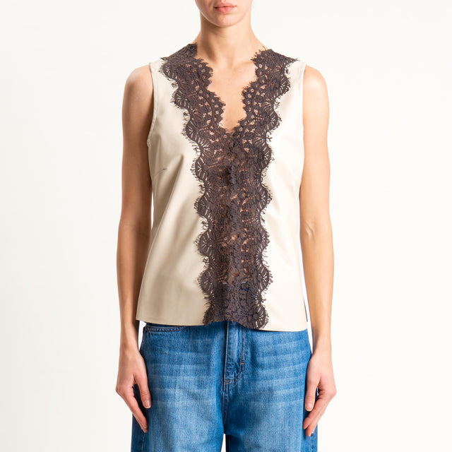 Tensione in-Top similpelle con pizzo - avorio/moro