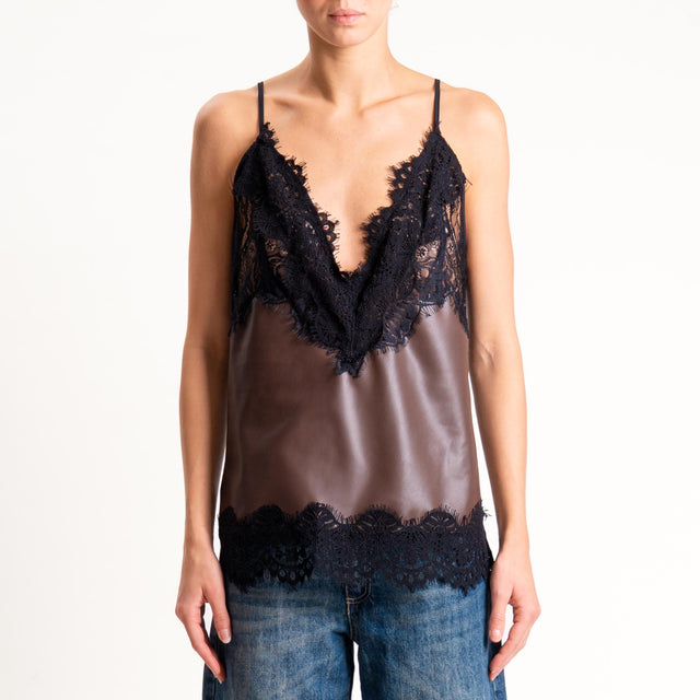 Tensione in- Top similpelle con pizzo bretelle regolabili - moro
