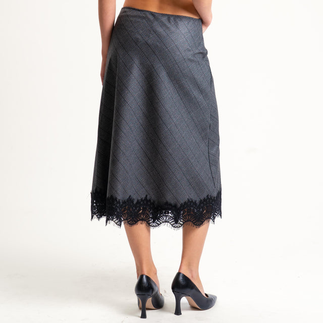 Tensione in- Gonna principe di galles con pizzo spacco laterale - grigio