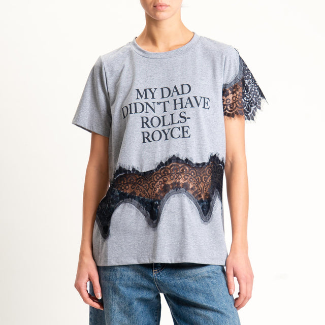 Tensione in-T-shirt con scritta + pizzo - grigio/nero