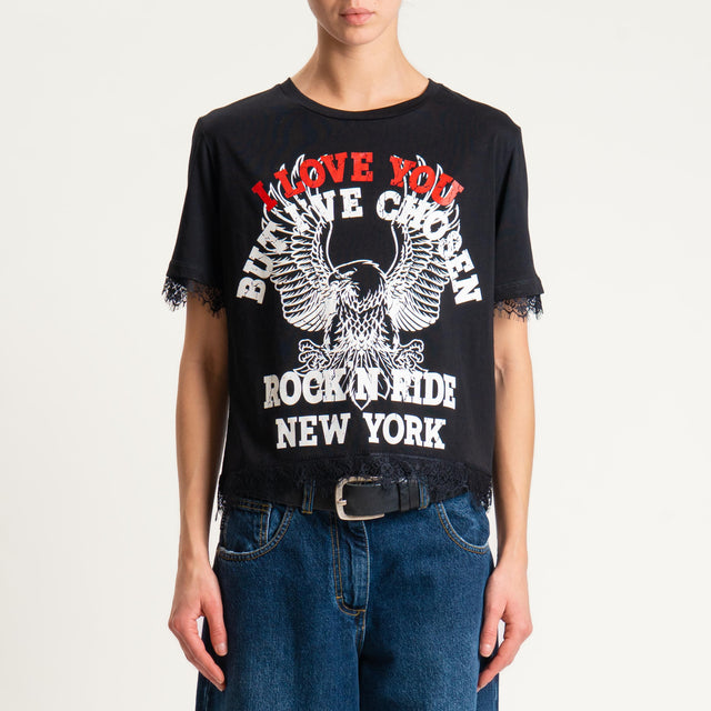 Tensione in-T-shirt stampa aquila con pizzo - nero/nero