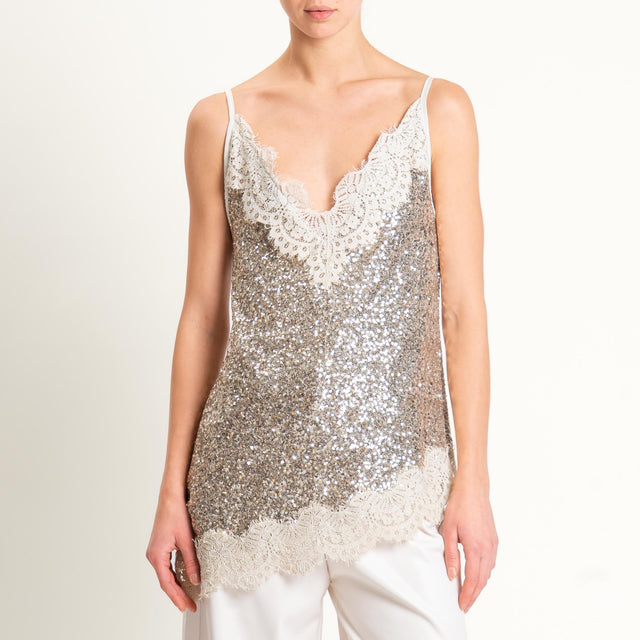 Tensione in-Top asimmetrico paillettes con pizzo - champagne