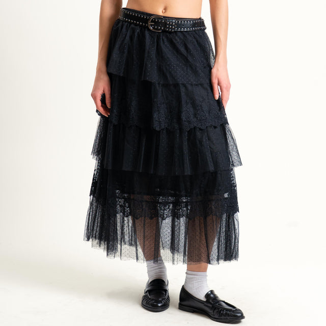 Tensione in-Gonna balze in tulle con pizzo - nero