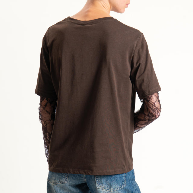 Tensione in-T-shirt over con manicotti in pizzo - moro