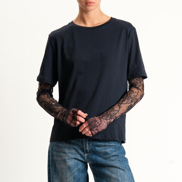Tensione in-T-shirt over con manicotti in pizzo - nero