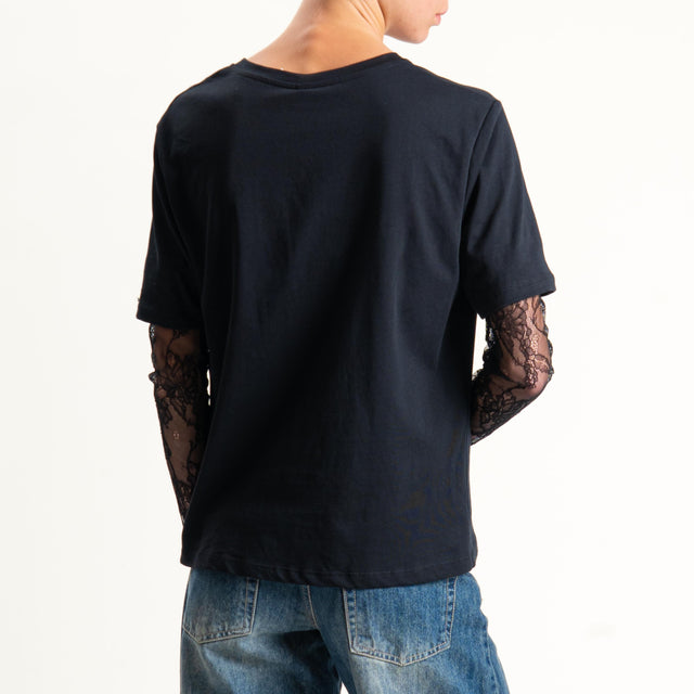 Tensione in-T-shirt over con manicotti in pizzo - nero