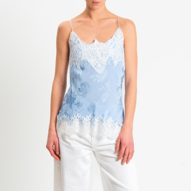 Tensione in-Top in tessuto damascato con pizzo - celeste/bianco