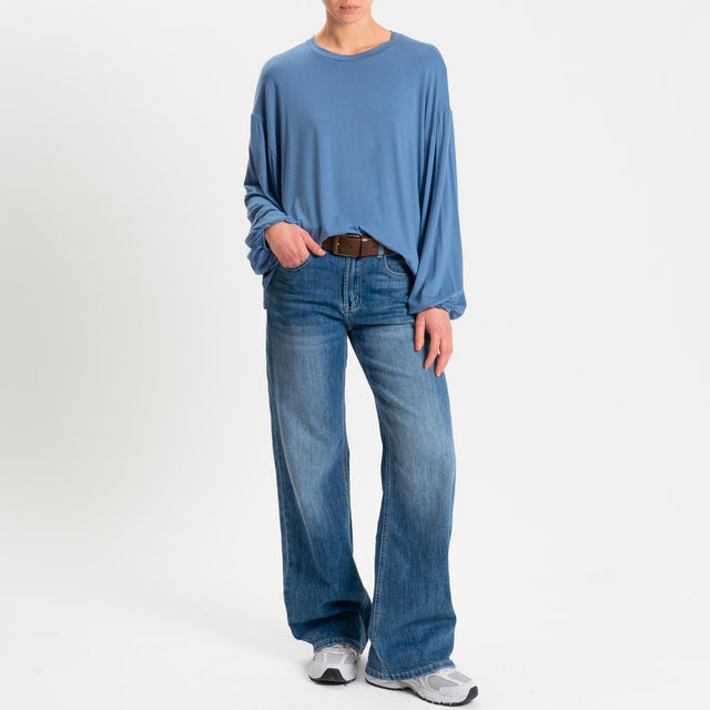 Tensione in-T-shirt in jersey di viscosa elasticizzata manica palloncino - polvere