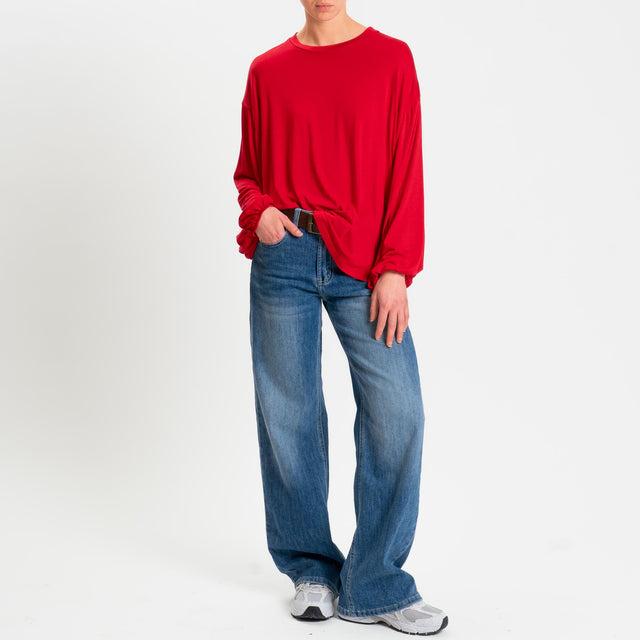 Tensione in-T-shirt in jersey di viscosa elasticizzata manica palloncino - rosso